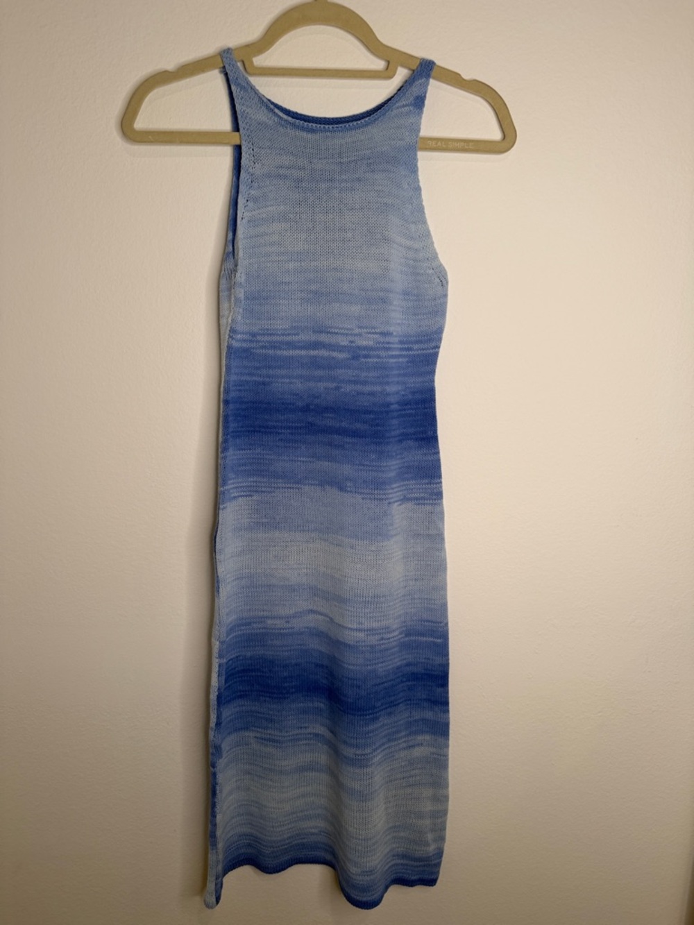 Cider Blue Ombre Sheer Knit Midi Dress Bodycon Stretchy Coastal Vibe